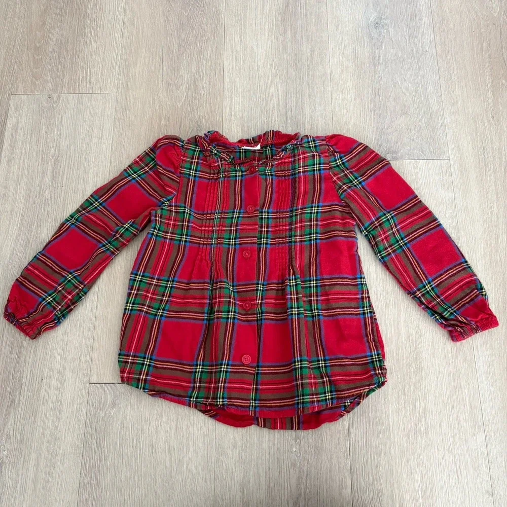 Wondernation Kids Girls Shirt Size 5T Red Plaid Long Sleeve Buttons 100% Cotton
